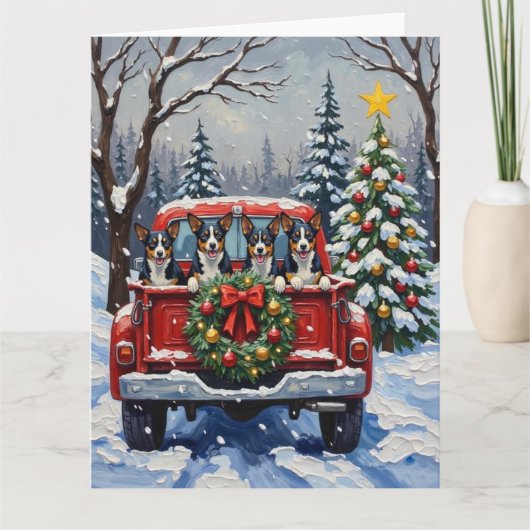 Blue Heeler Christmas Red Truck Holiday カード (正面)