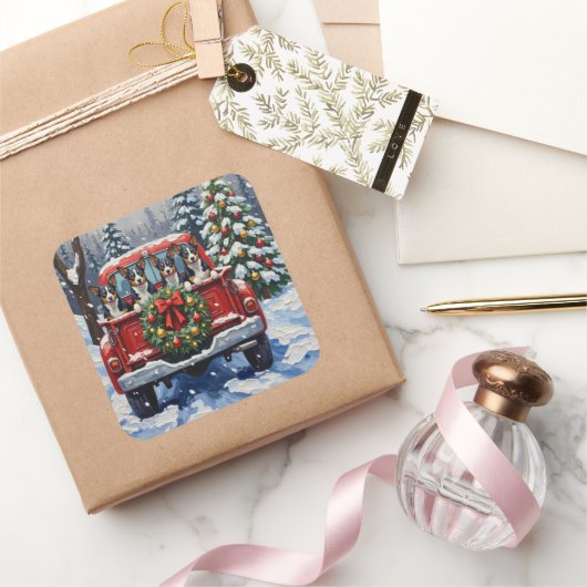 Blue Heeler Christmas Red Truck Holiday スクエアシール (ギフト)