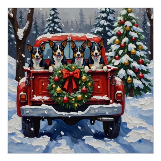 Blue Heeler Christmas Red Truck Holiday ポスター (正面)