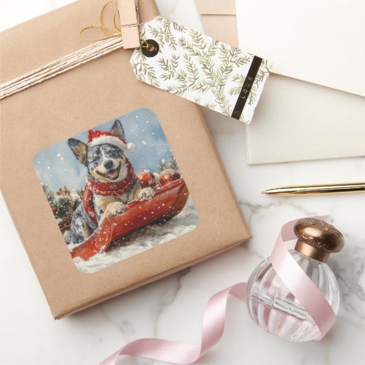 Blue Heeler Dog in Sledge Let it Snow Christmas スクエアシール (ギフト)
