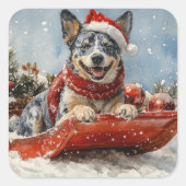 Blue Heeler Dog in Sledge Let it Snow Christmas スクエアシール (正面)