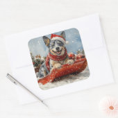 Blue Heeler Dog in Sledge Let it Snow Christmas スクエアシール (封筒)