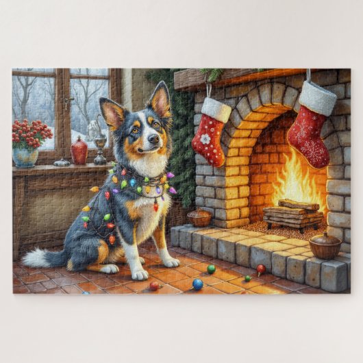 Blue Heeler Fireplace with Christmas Lights ジグソーパズル (横)