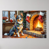 Blue Heeler Fireplace with Christmas Lights ポスター (正面)
