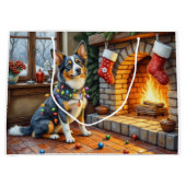 Blue Heeler Fireplace with Christmas Lights ラージペーパーバッグ (正面)