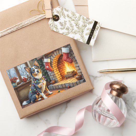 Blue Heeler Fireplace with Christmas Lights 長方形シール (ギフト)