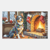 Blue Heeler Fireplace with Christmas Lights 長方形シール (正面)