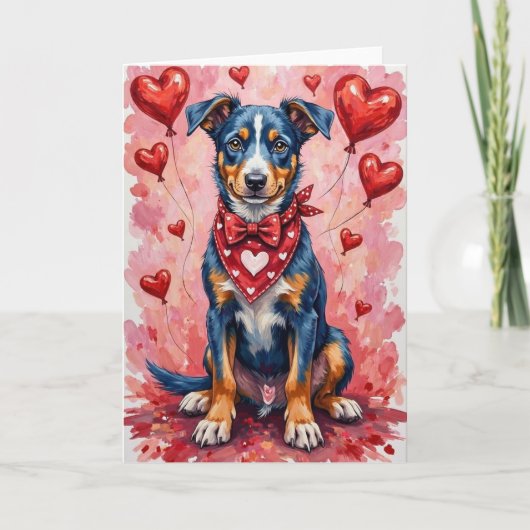 Blue Heeler Valentine’s Day Dog with Hearts Red カード (正面)
