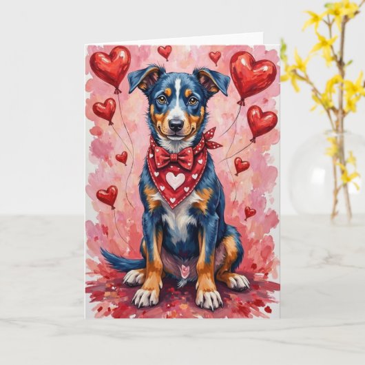 Blue Heeler Valentine’s Day Dog with Hearts Red カード (黄色い花)