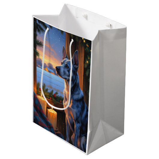 Blue Heeler With Christmas Lights Holiday ミディアムペーパーバッグ (正面アングル)