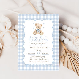 Blue Hello Baby Teddy Bear Baby Shower 招待状