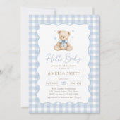 Blue Hello Baby Teddy Bear Baby Shower 招待状 (正面)