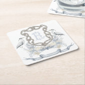 Blue Heron Rope Monogram Crest スクエアペーパーコースター (アングル)