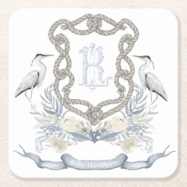 Blue Heron Rope Monogram Crest スクエアペーパーコースター
