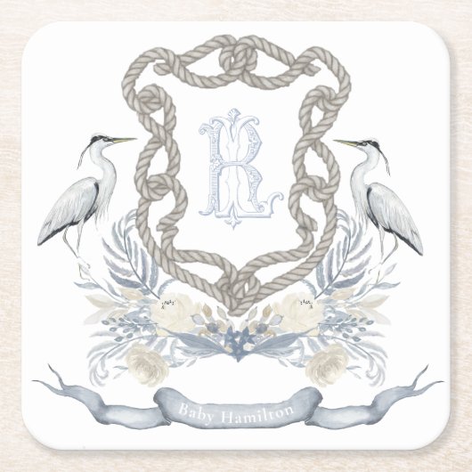 Blue Heron Rope Monogram Crest スクエアペーパーコースター (正面)