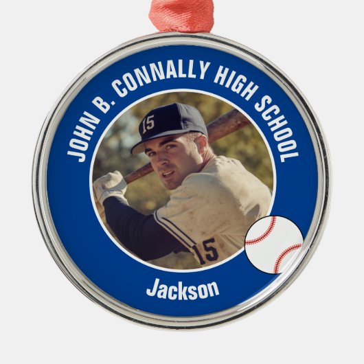 Blue High School Baseball Player Photo Christmas メタルオーナメント (正面)