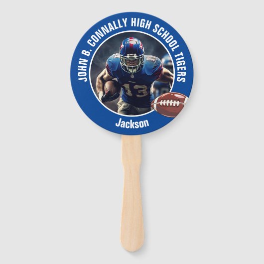 Blue High School Football Player Photo Parent ハンドファン (正面)