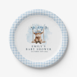 Blue Highland Cow Boy Baby Shower ペーパープレート