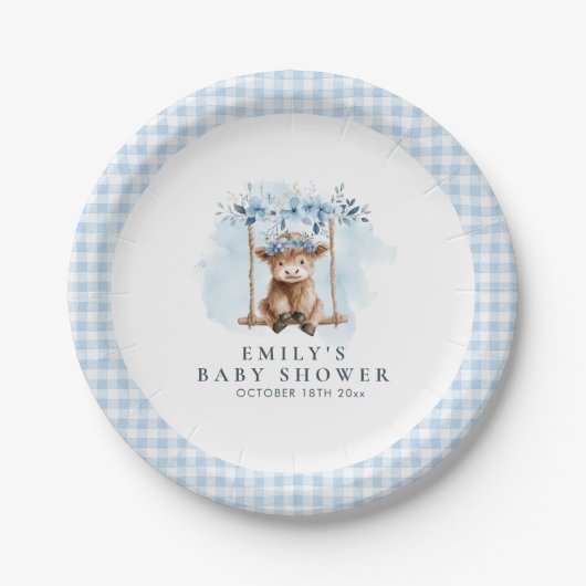 Blue Highland Cow Boy Baby Shower ペーパープレート (正面)