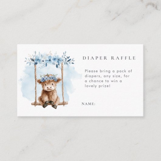 Blue Highland Cow Diaper Raffle Baby Shower エンクロージャーカード (正面)
