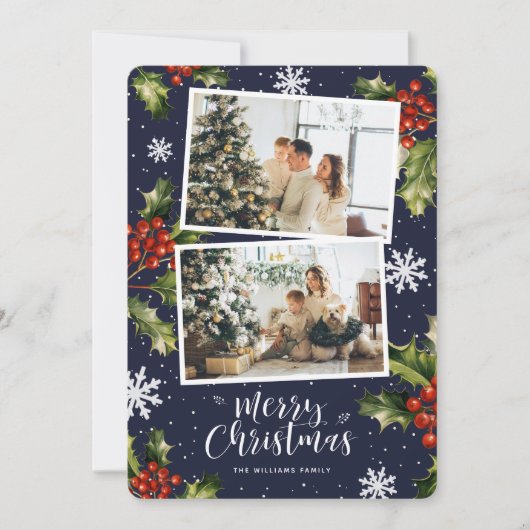 Blue Holly Berries Snowflakes Photo Christmas Card シーズンカード (正面)