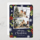 Blue Holly Berries Snowflakes Photo Christmas Card シーズンカード (正面/裏面)