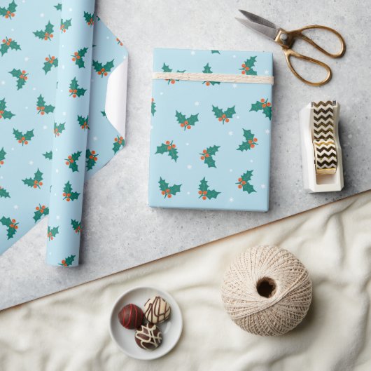Blue Holly Leaves Classic Christmas Gift Wrap ラッピングペーパー (クラフト)