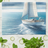 Blue Horizon Solitary Sailboat キッチンタオル (折り畳み)