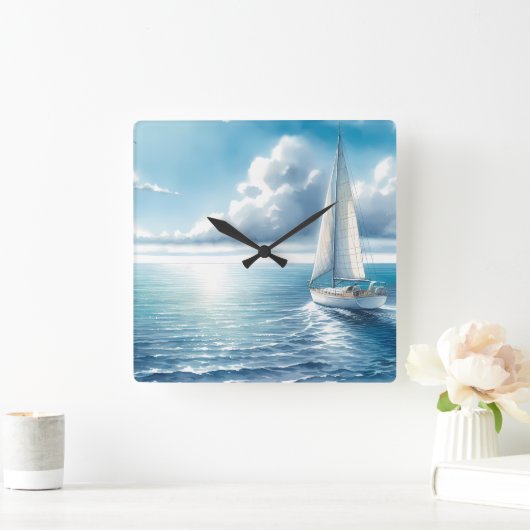 Blue Horizon Solitary Sailboat スクエア壁時計 (ホーム)