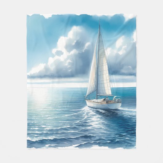 Blue Horizon Solitary Sailboat フリースブランケット (正面)
