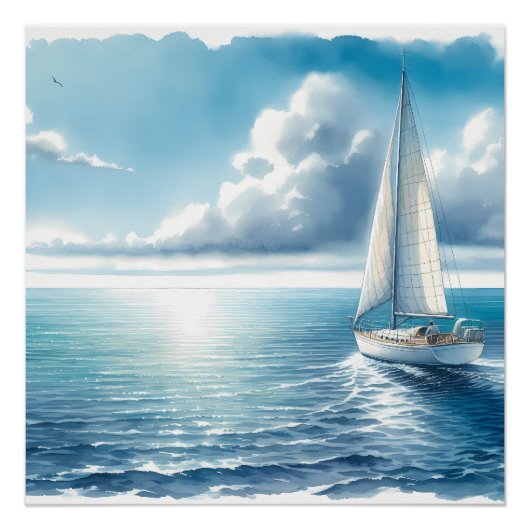 Blue Horizon Solitary Sailboat ポスター (正面)
