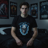 Blue Horned Skull "Conquer All" Graphic T-Shirt Tシャツ