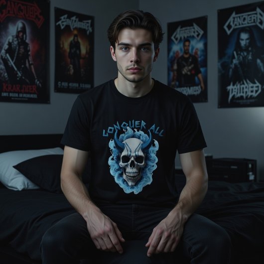 Blue Horned Skull "Conquer All" Graphic T-Shirt Tシャツ