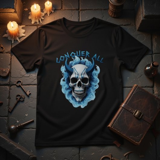 Blue Horned Skull "Conquer All" Graphic T-Shirt Tシャツ