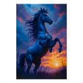 Blue Horse Sunset Fantasy Art Gift Glossy Poster  ポスター (正面)