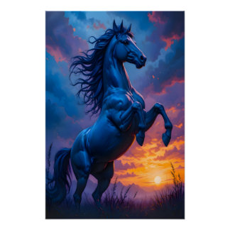 Blue Horse Sunset Fantasy Art Gift Glossy Poster  ポスター
