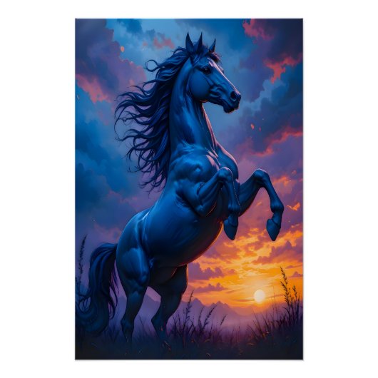 Blue Horse Sunset Fantasy Art Gift Glossy Poster  ポスター (正面)
