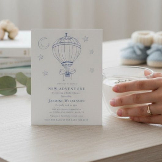 Blue Hot Air Balloon Adventure Baby Shower  招待状