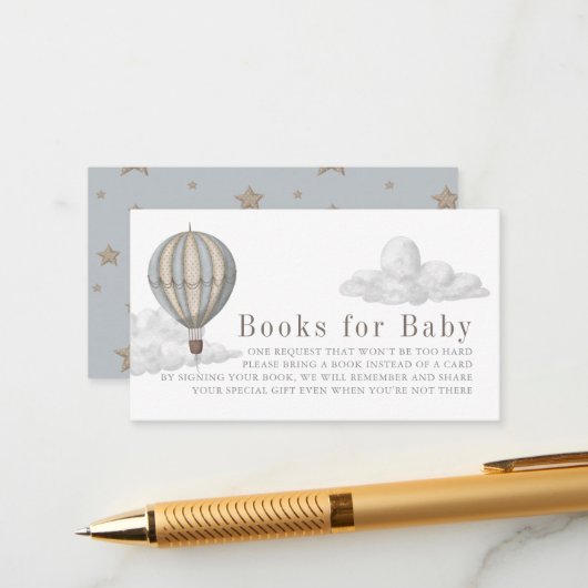 Blue Hot Air Balloon Baby Shower Book Request エンクロージャーカード (正面/裏面インサイチュ)