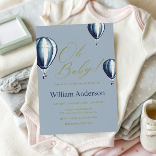 Blue Hot Air Balloon Baby Shower Invitation  招待状