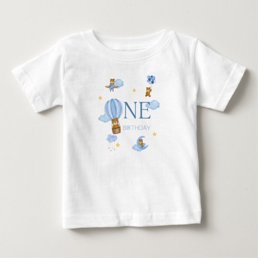 Blue Hot Air Balloon Bear 1st Birthday Baby T-Shir ベビーTシャツ (正面)