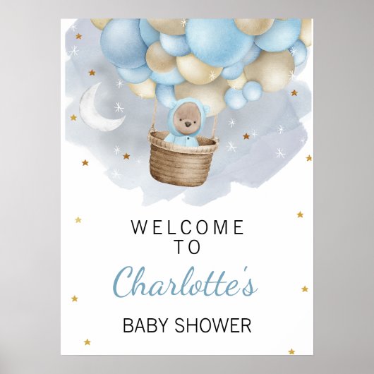 Blue Hot Air Balloon Bear Baby Shower Welcome Sign ポスター (正面)
