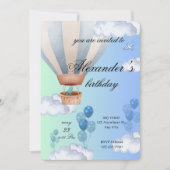 Blue Hot Air Balloon Boy Birthday Invitation  招待状 (正面)