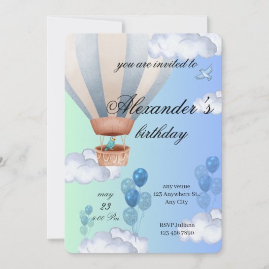 Blue Hot Air Balloon Boy Birthday Invitation  招待状 (正面)