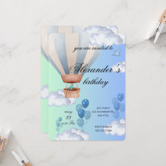 Blue Hot Air Balloon Boy Birthday Invitation  招待状