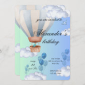 Blue Hot Air Balloon Boy Birthday Invitation  招待状 (正面/裏面)