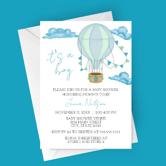 Blue Hot Air Balloon "It's a Boy" Baby Shower 招待状