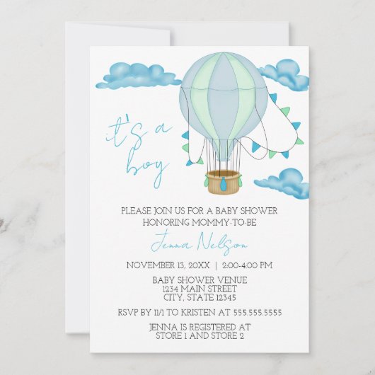 Blue Hot Air Balloon "It's a Boy" Baby Shower 招待状 (正面)
