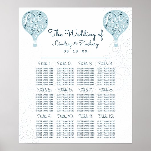 Blue Hot Air Balloon Wedding Table Seating Chart ポスター (正面)