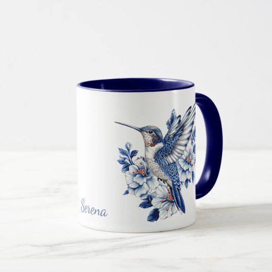 Blue Hummingbird Floral Monogram マグカップ (正面右)